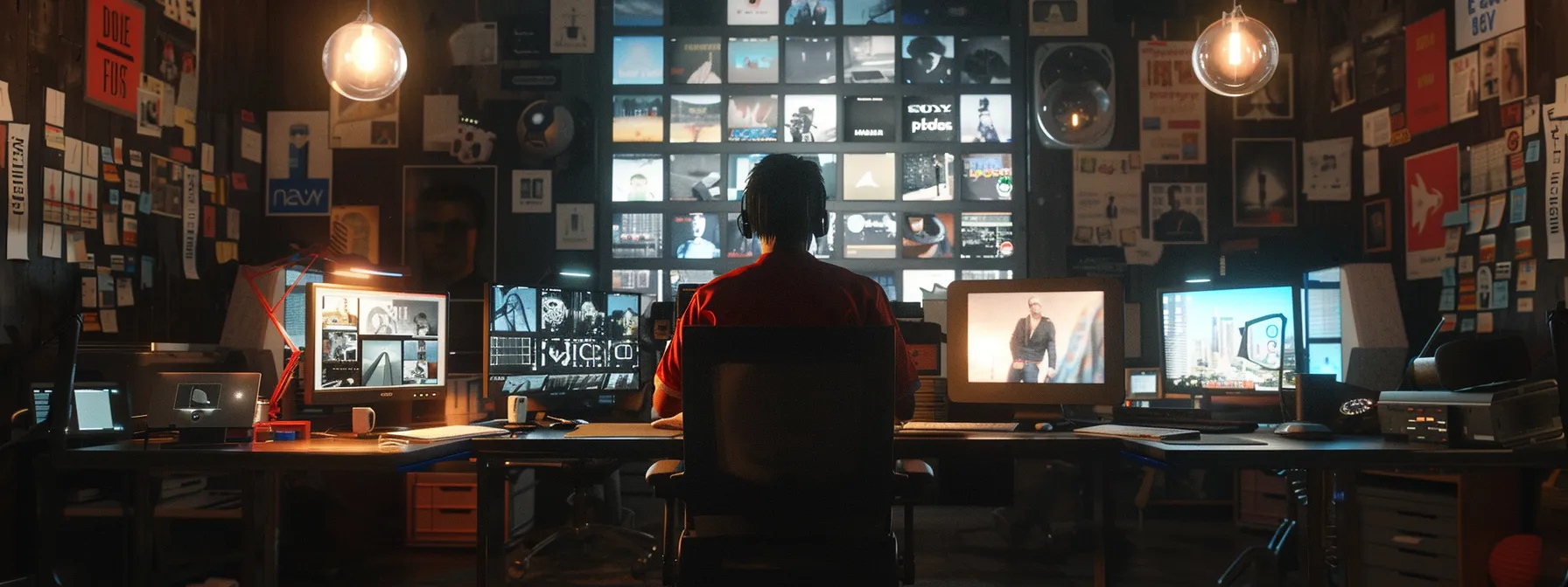 a person sitting at a computer, surrounded by screens showing linkedin, twitter, facebook, podcasts, and youtube channels, engaging with influencers and sharing content to drive backlinks and boost seo strategy. a person sitting at a computer, surrounded by screens showing linkedin, twitter, facebook, podcasts, and youtube channels, engaging with influencers and sharing content to drive backlinks and boost seo strategy.