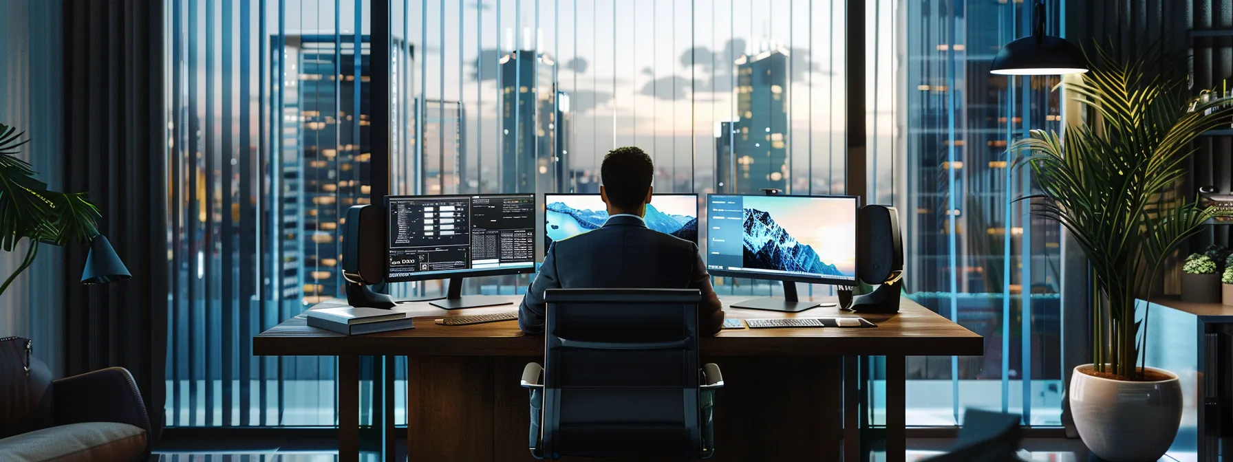 a real estate agent sits at a sleek desk surrounded by computer screens, analyzing lead data and engaging with clients through a chatbot. a real estate agent sits at a sleek desk surrounded by computer screens, analyzing lead data and engaging with clients through a chatbot.