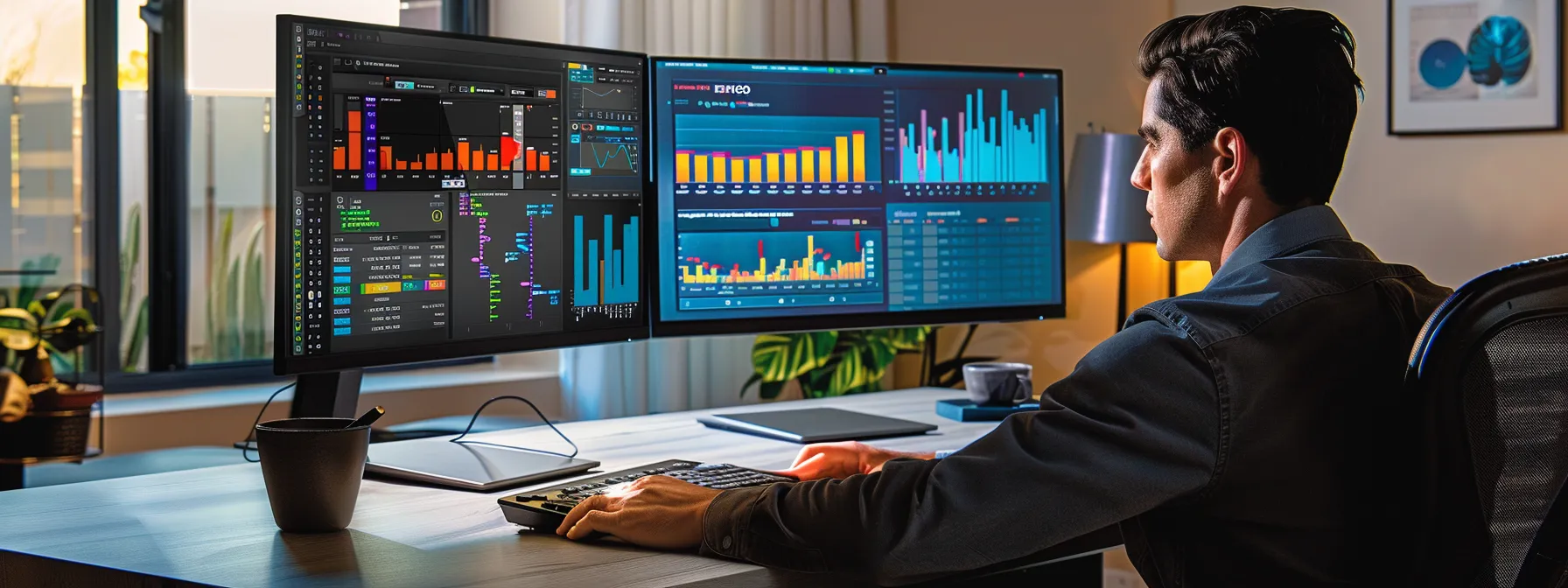 a real estate agent studying a computer screen displaying colorful visual data from rei seo link analysis tools. a real estate agent studying a computer screen displaying colorful visual data from rei seo link analysis tools.