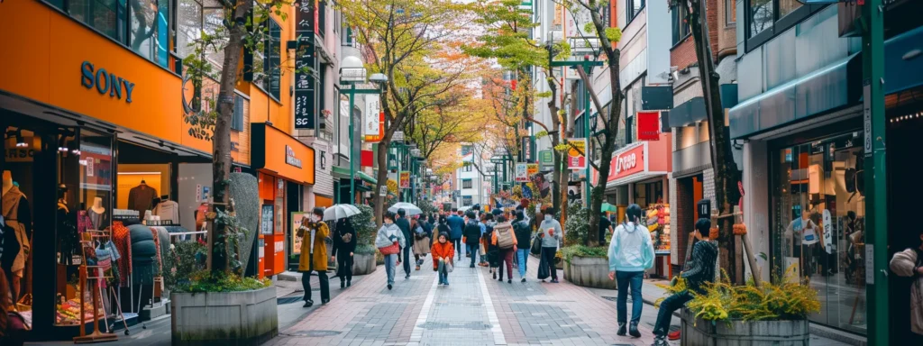 a vibrant city street lined with colorful storefronts and bustling with people, showcasing the power of local seo content to boost visibility.
