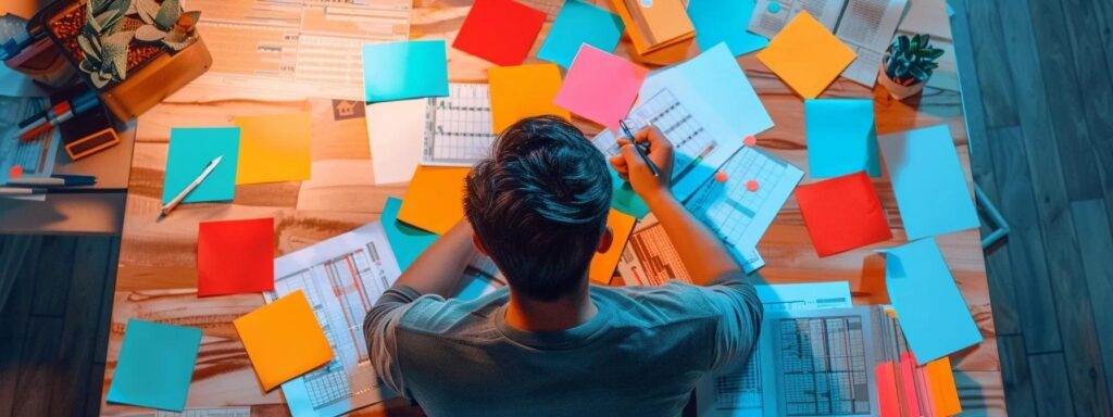 a focused man surrounded by colorful keyword research checklist cards spread out on a desk.