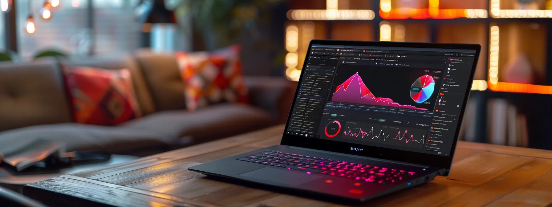a laptop displaying a real estate investment site's search listing components being optimized for organic search, with colorful graphs and charts showing performance metrics in the background. a laptop displaying a real estate investment site's search listing components being optimized for organic search, with colorful graphs and charts showing performance metrics in the background.