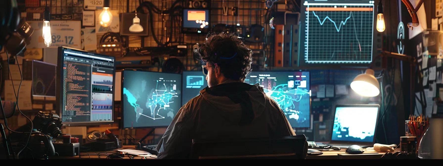 a man intensely analyzing data on a computer screen, surrounded by charts and graphs showing user engagement metrics for authoritative content. a man intensely analyzing data on a computer screen, surrounded by charts and graphs showing user engagement metrics for authoritative content.