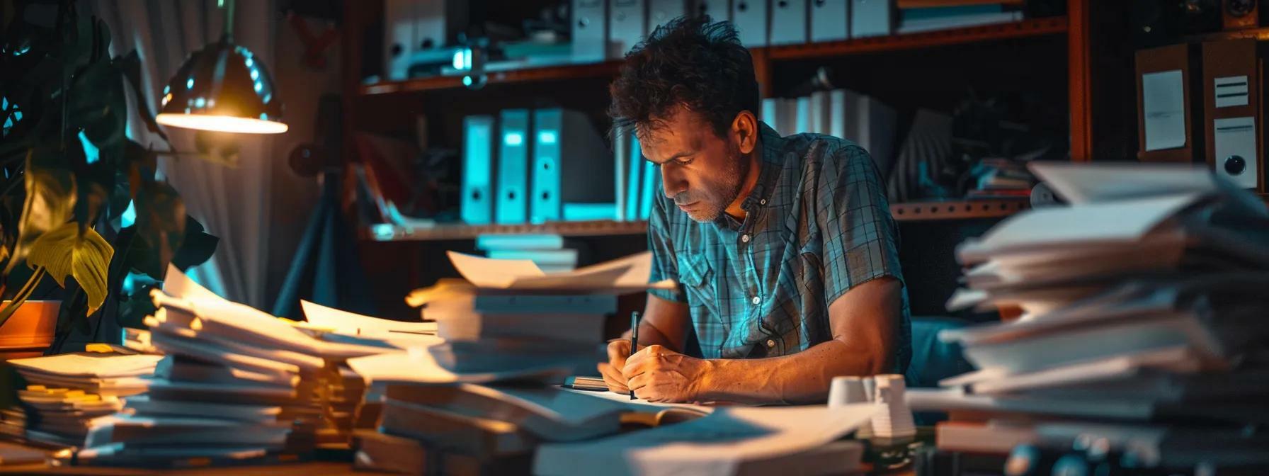 a man writing an article on wordpress, surrounded by stacks of papers with scattered keyphrases, highlighting common seo mistakes. a man writing an article on wordpress, surrounded by stacks of papers with scattered keyphrases, highlighting common seo mistakes.