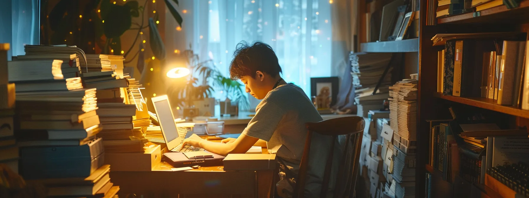 a person crafting quality content surrounded by stacks of niche keywords with high conversion potential in a cozy home office setting. a person crafting quality content surrounded by stacks of niche keywords with high conversion potential in a cozy home office setting.