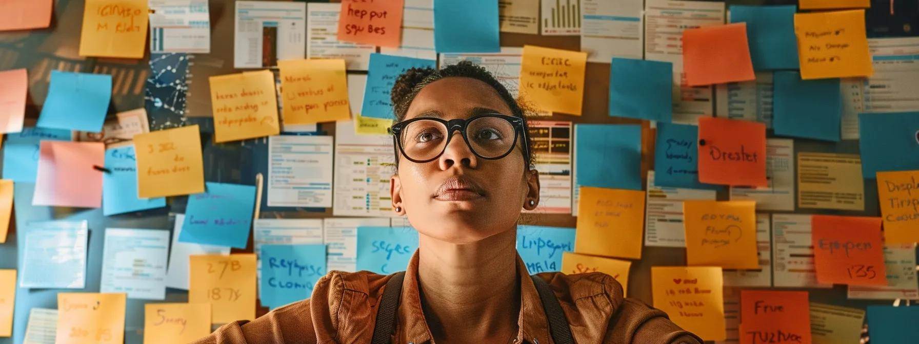 a focused seo expert surrounded by colorful keyword cards, organizing and prioritizing them with a determined expression. a focused seo expert surrounded by colorful keyword cards, organizing and prioritizing them with a determined expression.