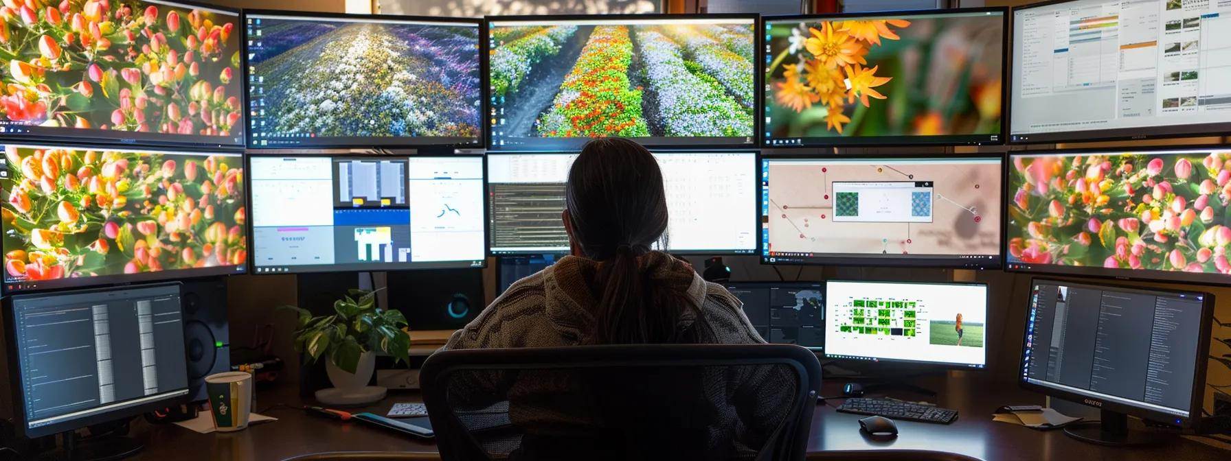a focused seo strategist analyzing data on multiple computer screens in a modern, tech-savvy office setting. a focused seo strategist analyzing data on multiple computer screens in a modern, tech-savvy office setting.