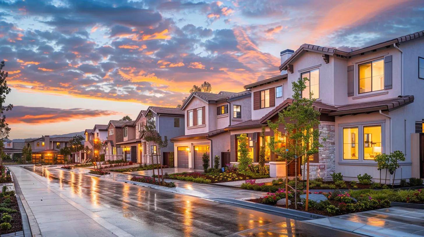 a luminous sunset casts a warm glow over a serene suburban neighborhood, highlighting a row of charming houses, symbolizing the potential for wealth growth through real estate investments. a luminous sunset casts a warm glow over a serene suburban neighborhood, highlighting a row of charming houses, symbolizing the potential for wealth growth through real estate investments.