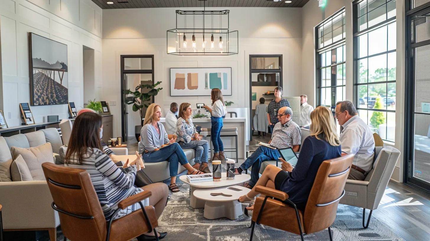 a vibrant, inviting real estate office filled with engaged clients exchanging positive testimonials, bathed in warm, natural light to convey a sense of trust and community. a vibrant, inviting real estate office filled with engaged clients exchanging positive testimonials, bathed in warm, natural light to convey a sense of trust and community.