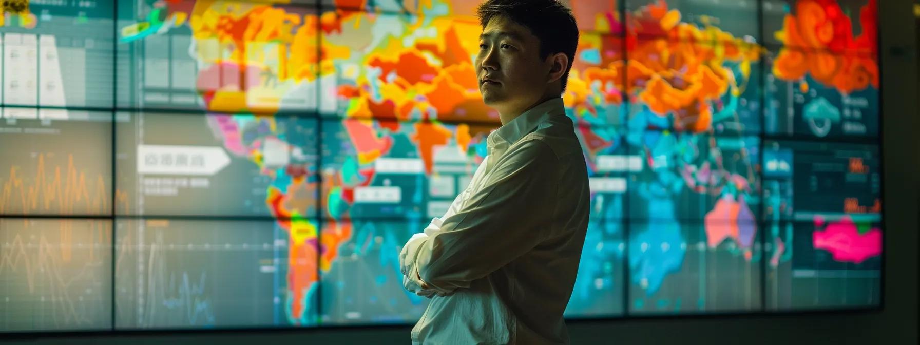 an analytical seo professional stands thoughtfully before a large digital display, showcasing a vibrant, intricate topical map adorned with dynamic graphs, figures, and colorful analytics, illuminated by soft, focused lighting that highlights his engaged expression amidst a modern, tech-savvy office environment. an analytical seo professional stands thoughtfully before a large digital display, showcasing a vibrant, intricate topical map adorned with dynamic graphs, figures, and colorful analytics, illuminated by soft, focused lighting that highlights his engaged expression amidst a modern, tech-savvy office environment.