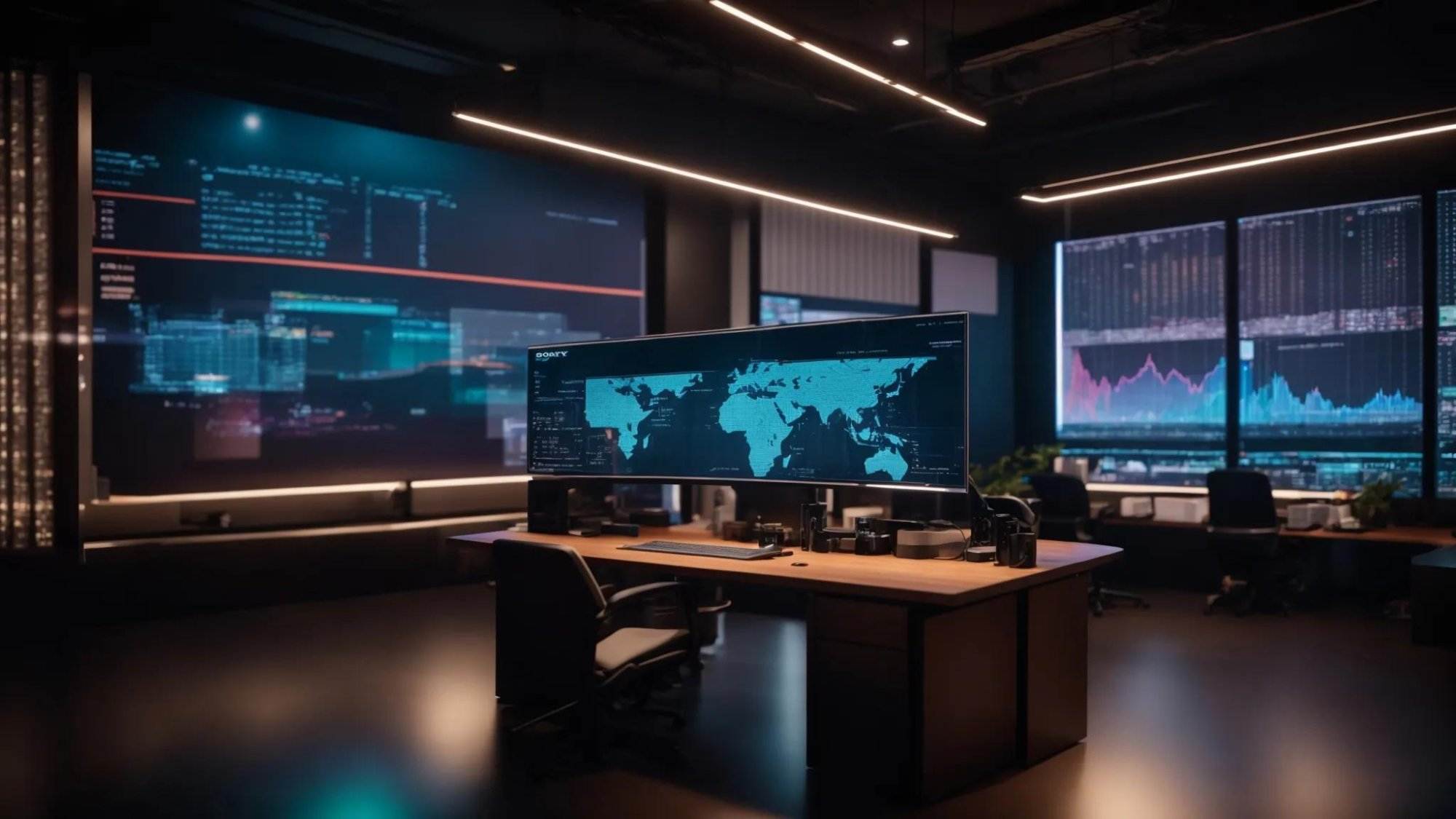 a sleek, futuristic workspace filled with glowing screens displaying vibrant data analytics and seo graphs, illuminated by soft ambient lighting that emphasizes a harmonious blend of technology and creativity.