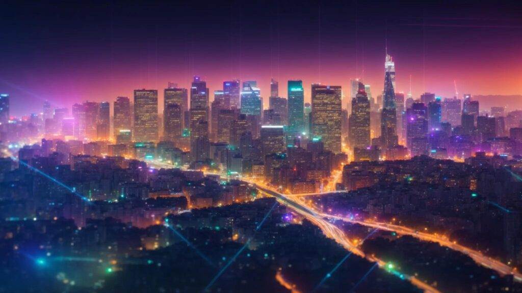 a vibrant city skyline illuminated at dusk, with colorful heatmap overlays prominently displaying localized seo data and market trends, symbolizing the dynamic interplay between technology and urban business growth.