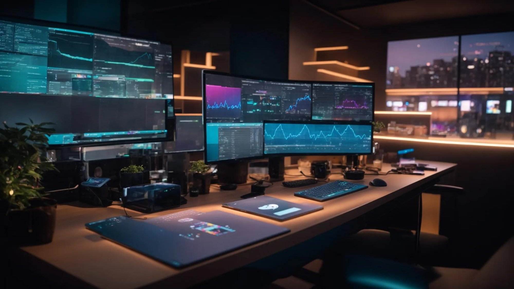 a vibrant digital workspace adorned with sleek seo analytics graphs and high-tech tools, illuminated by soft ambient light, embodying the essence of innovative technology for boosting online rankings.