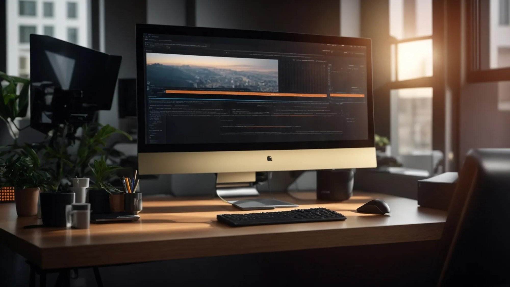 a vibrant, modern workspace with a sleek computer setup, illuminated by natural light, showcasing an open cms interface on the screen, symbolizing digital success and seo optimization.