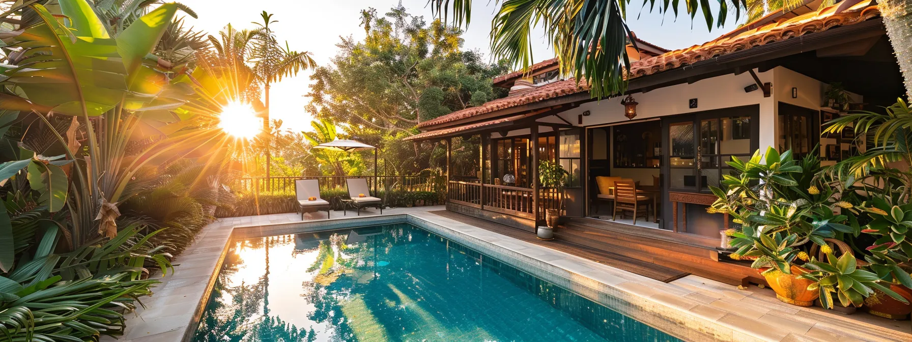 a captivating vacation rental property shines with inviting charm, surrounded by lush greenery and bathed in warm golden sunlight, showcasing its well-curated exterior that evokes a sense of trust and comfort for potential buyers.