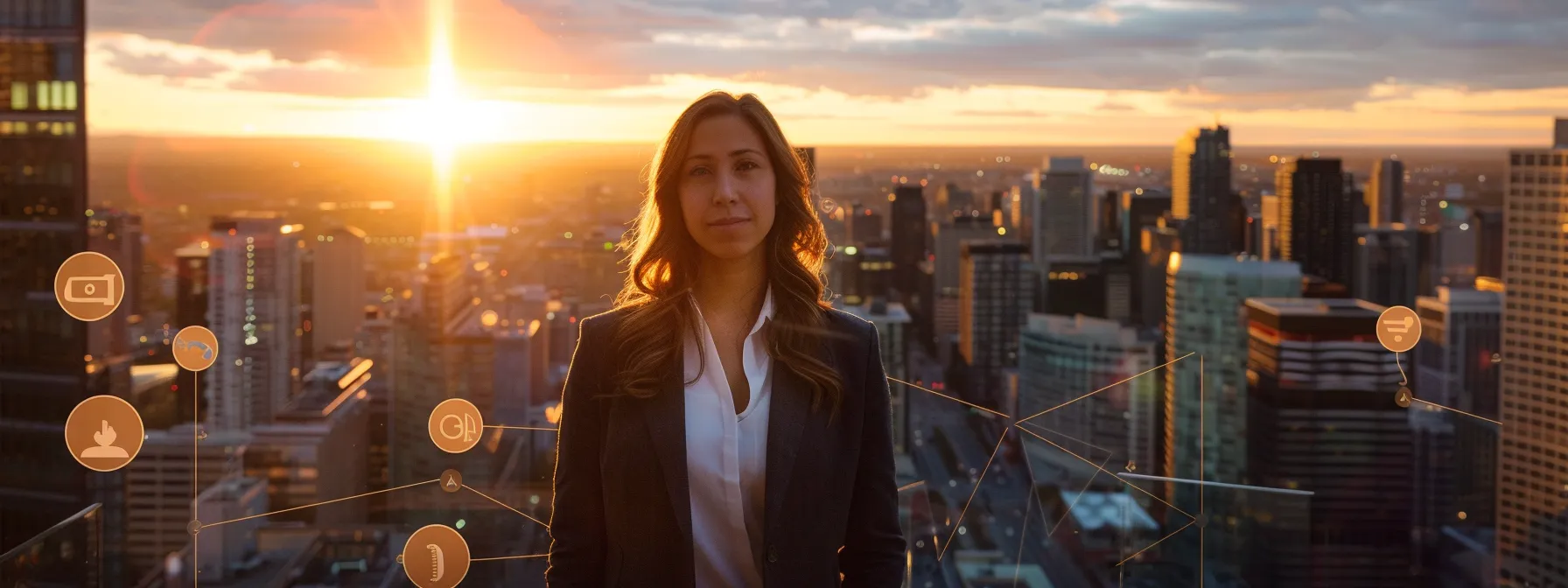 a confident realtor stands against a backdrop of a bustling city skyline at sunset, with digital icons representing backlinks and media exposure radiating around them, symbolizing their enhanced online presence and credibility in the real estate market.