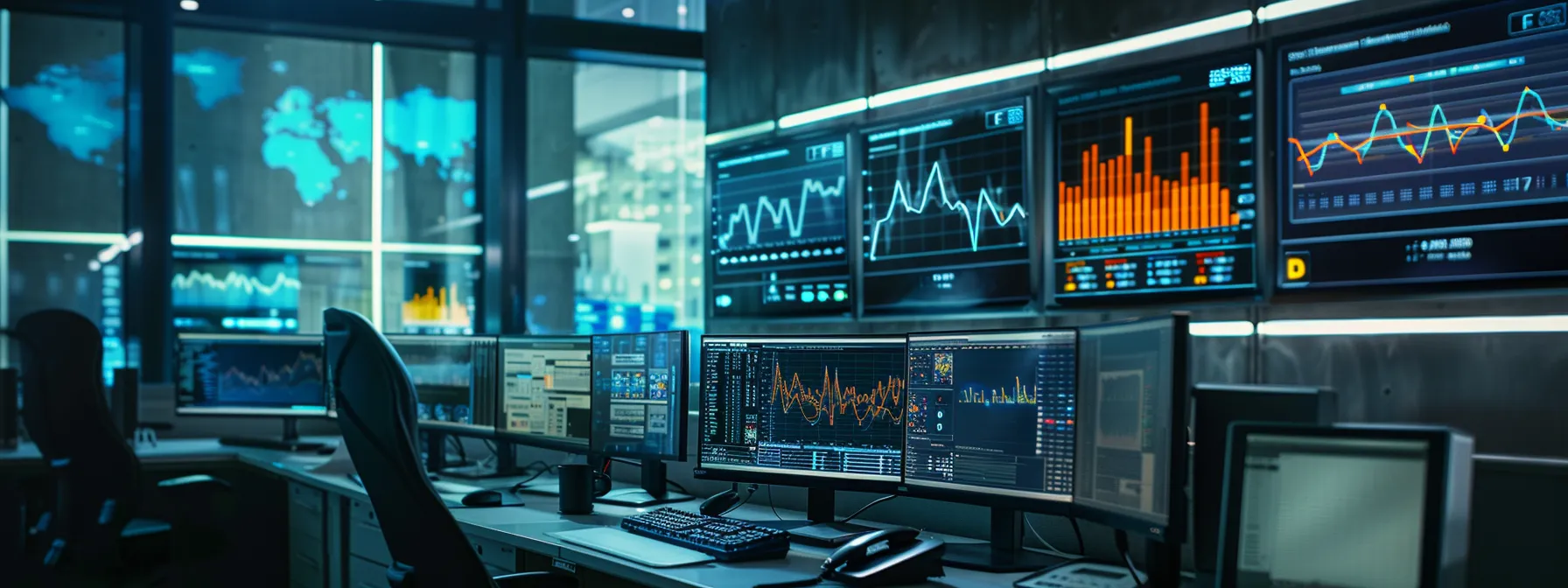 a modern office workspace with a sleek computer screen displaying analytics graphs and a well-organized dashboard, symbolizing the efficiency of real estate seo strategies through the use of canonical tags and performance tracking.