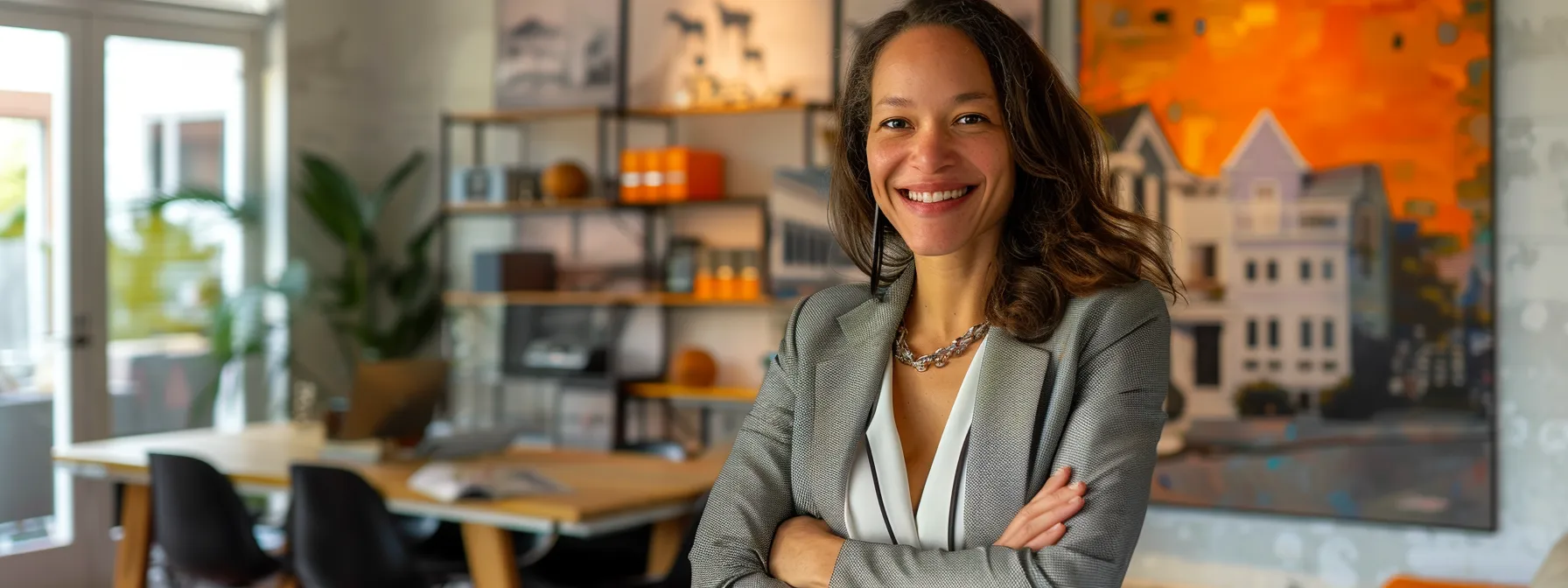 a modern realtor confidently discusses real estate market trends in a sleek office, highlighted by a backdrop of vibrant housing visuals and inspirational quotes on professional success.
