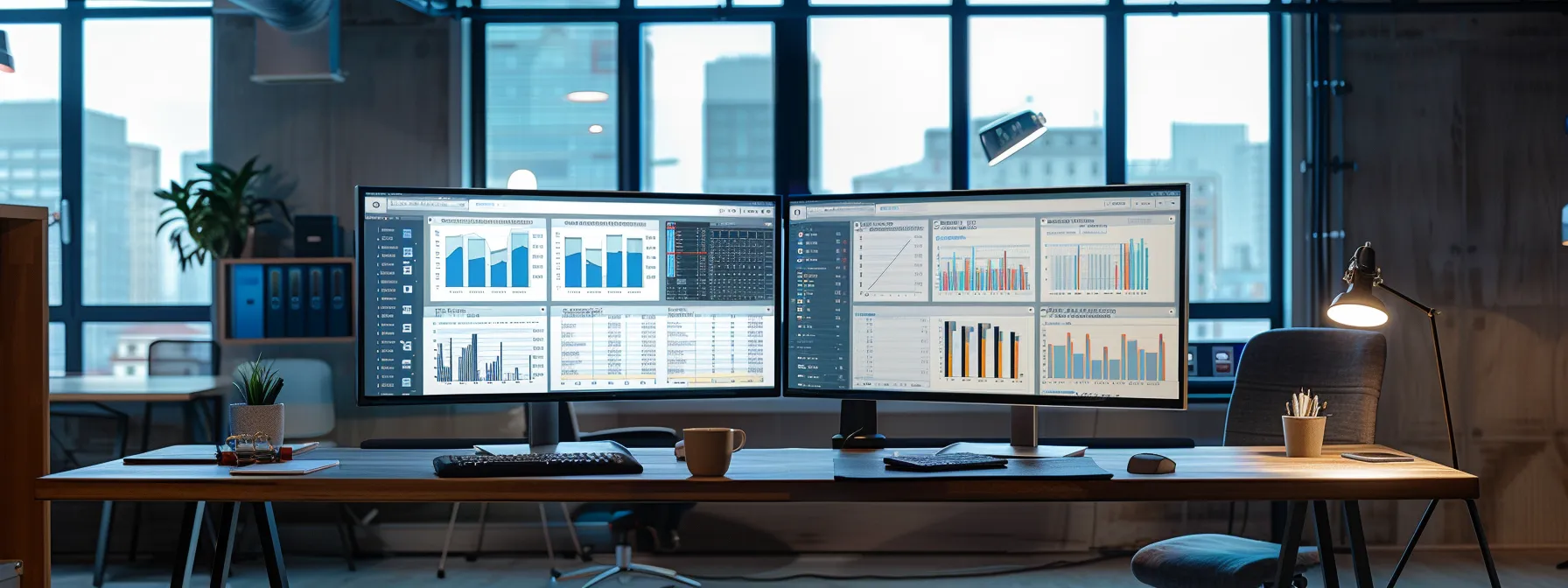 a sleek and modern office workspace featuring dual monitors displaying detailed analytics dashboards for managing canonical tags, illuminated by soft natural light filtering through large windows, emphasizing clarity and organization in real estate digital management.