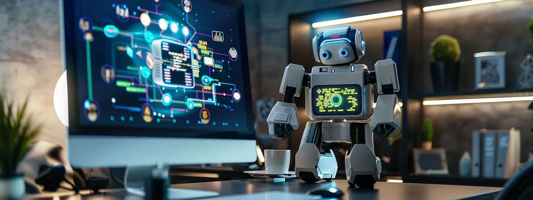 a sleek, futuristic office workspace features a prominent high-tech computer screen displaying an intricate, colorful diagram of a robots.txt file surrounded by glowing digital elements, symbolizing the importance of seo strategy and optimization in the digital age.