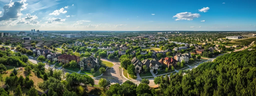 a vibrant, aerial view of a sprawling real estate development, showcasing meticulously planned neighborhoods with lush greenery and modern architecture under a bright blue sky.