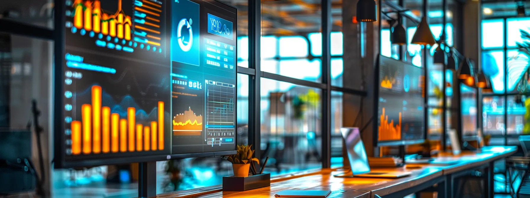 a vibrant office space filled with digital analytics displays and charts illustrating the success of social media link building efforts, illuminated by bright, inviting natural light.