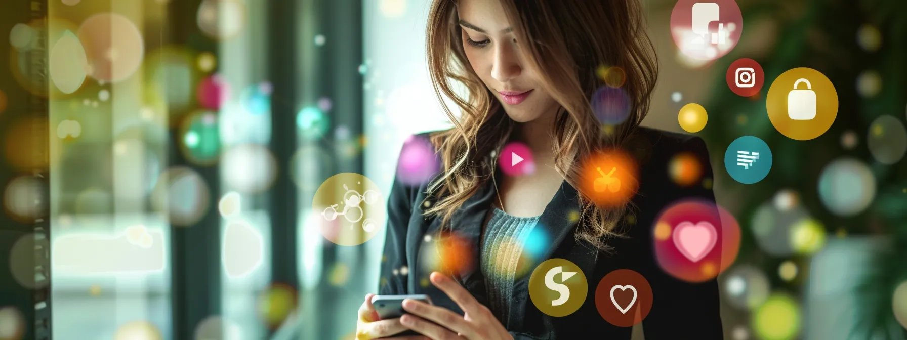 a vibrant realtor confidently navigates a digital landscape filled with dynamic social media icons, embodying the triumph of mastering link building strategies to enhance engagement and visibility.