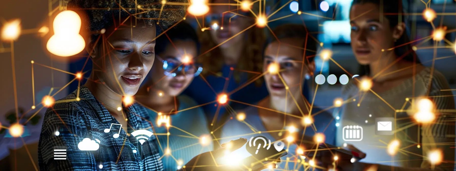 a vibrant social media landscape showcases a diverse group of realtors actively engaging with their audience, sharing content, and collaborating, all set against a backdrop of digital connectivity symbols and warm, inviting lighting.