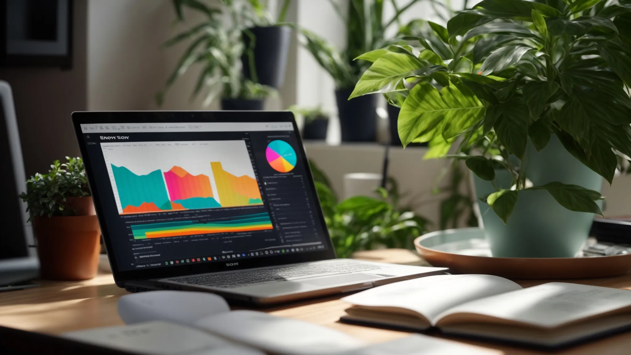 a beautifully organized workspace with a sleek laptop, an open notebook filled with colorful charts, and a vibrant indoor plant, symbolizing the pursuit of insightful real estate trends and strategies.