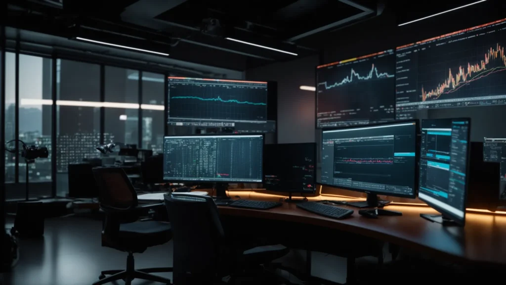 a dynamic, high-tech workspace filled with vibrant digital graphs and analytics displays, capturing the essence of mastering seo performance tracking.