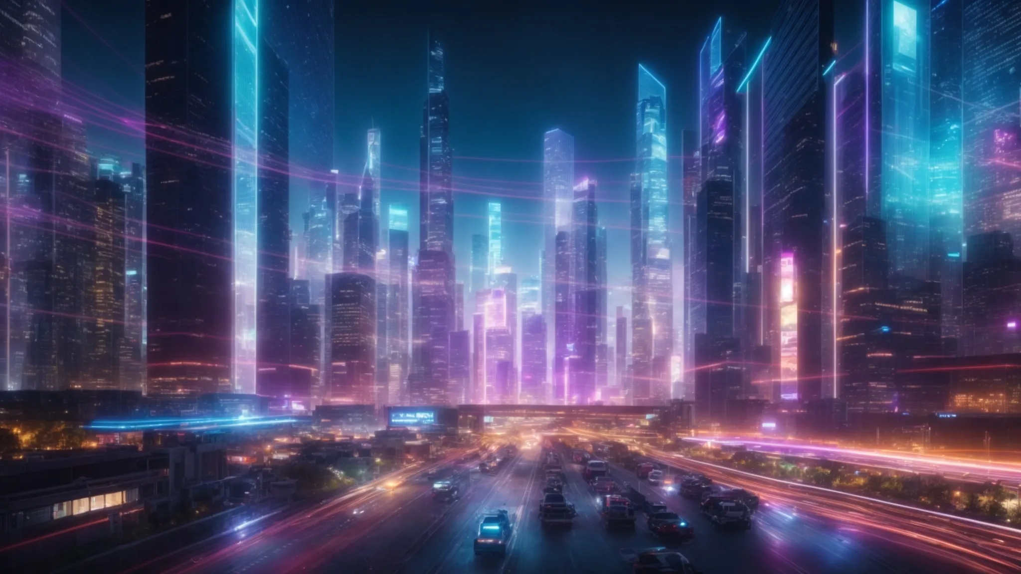 a futuristic cityscape illuminated by vibrant digital displays and interconnected holograms, symbolizing the evolution of seo strategies amid rapidly changing digital trends.