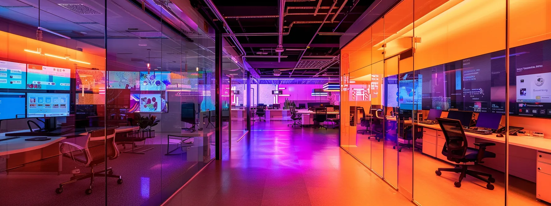 a futuristic office space filled with vibrant screens showcasing dynamic social media trends, illuminated by soft, ambient lighting that highlights innovative marketing strategies and analytics tools.