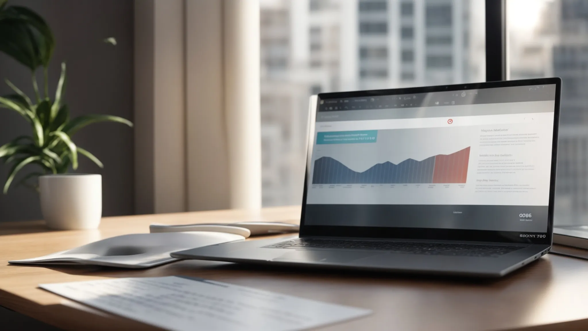 a sleek, modern laptop sits atop a polished desk, illuminated by soft, natural light filtering through a nearby window, with an engaging infographic showcasing real estate seo strategies displayed prominently on the screen.