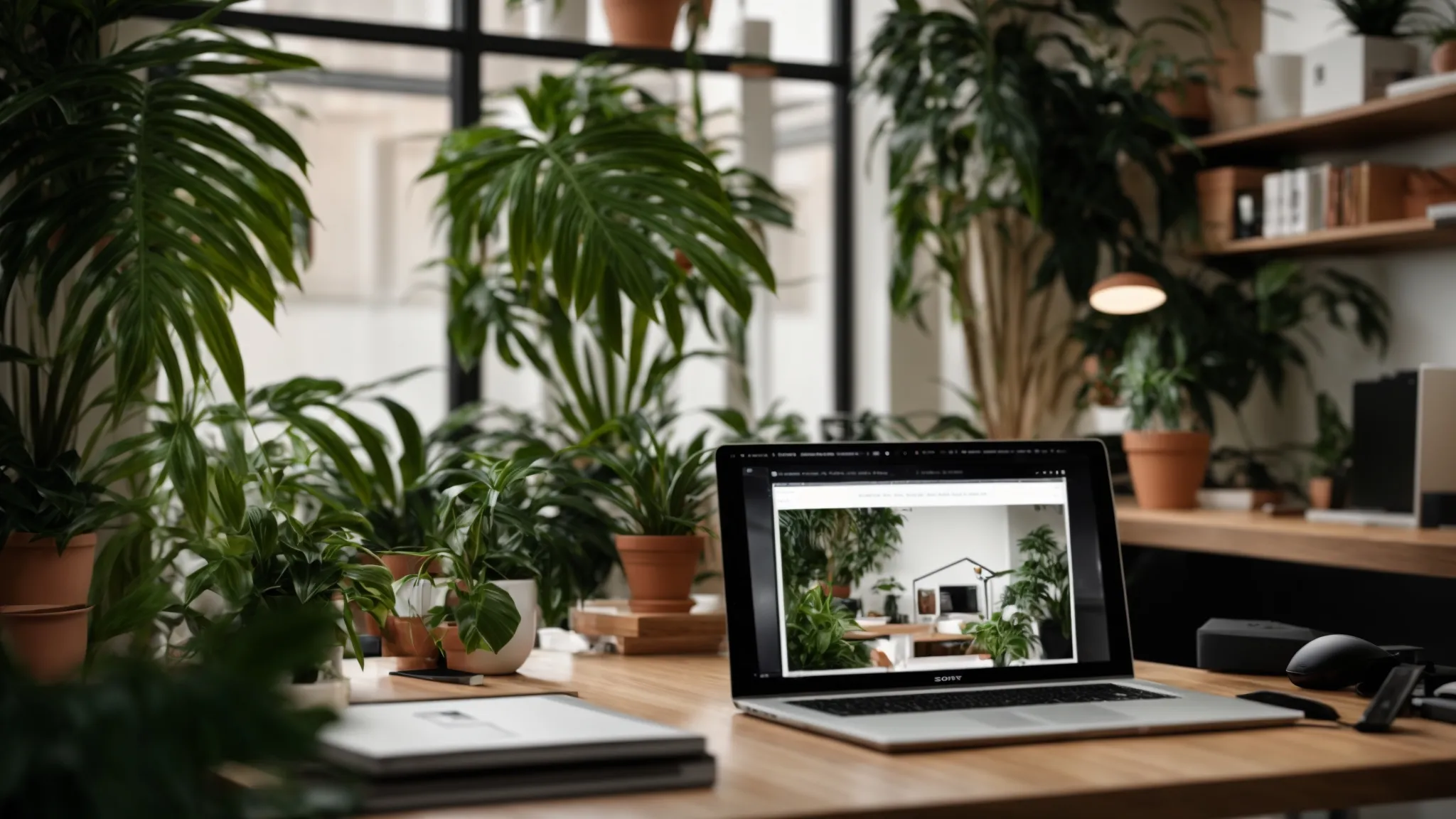 a sleek, modern workspace bathed in natural light showcases an open laptop displaying vibrant real estate blog pages, surrounded by lush indoor plants and a stylish notepad, emphasizing the theme of insights and trends in the real estate market.
