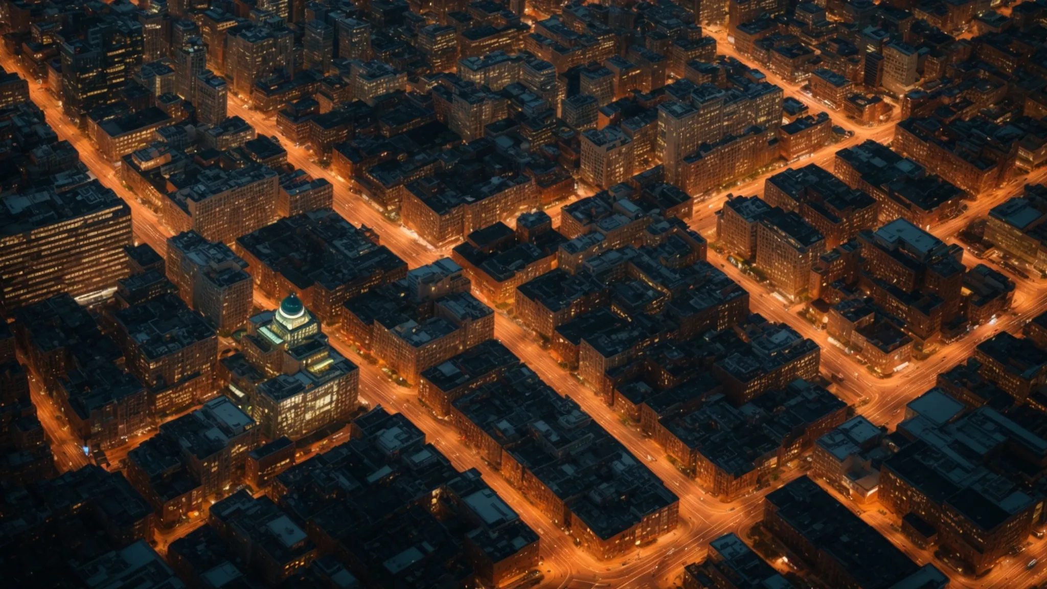 a striking overhead view of a bustling cityscape, with interconnected routes and vibrant buildings symbolizing the intricate web of internal linking strategies essential for real estate success, illuminated by golden hour light.