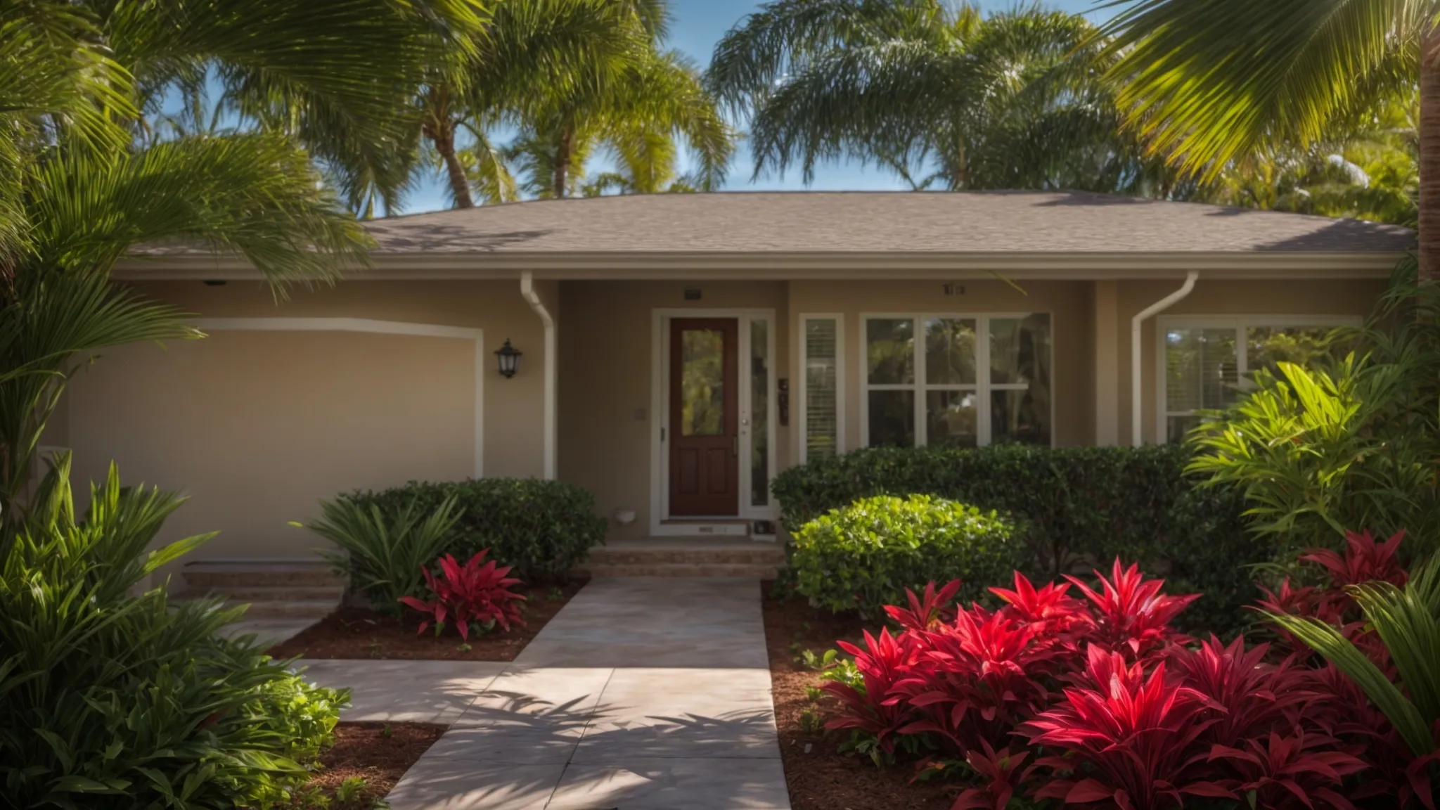 a sunlit florida home with vibrant tropical landscaping and a welcoming "for sale by owner" sign, capturing the essence of inviting real estate opportunities.