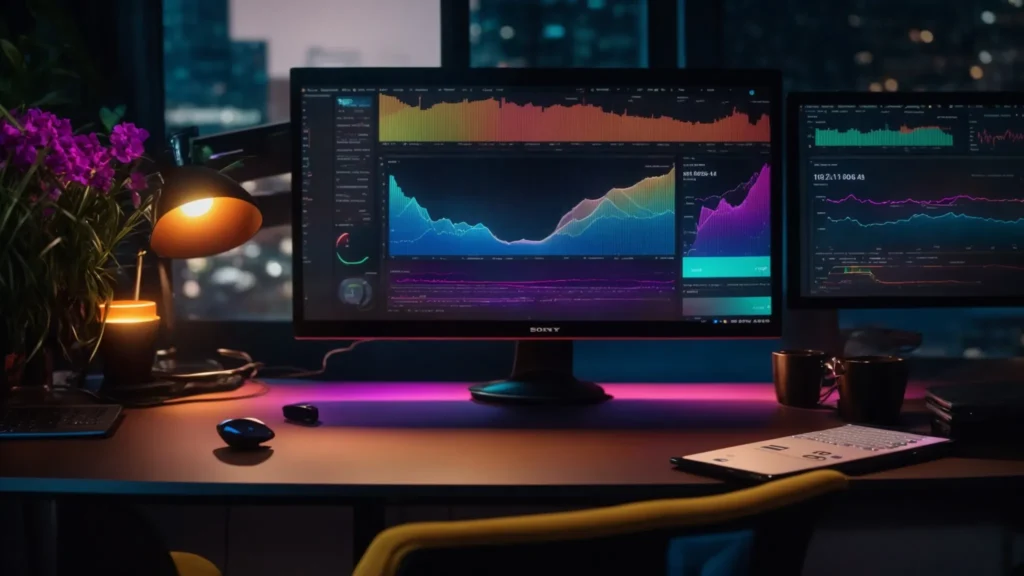 a vibrant and dynamic digital workspace, featuring a glowing computer screen displaying an optimized seo dashboard, surrounded by colorful graphs and analytics, illuminated by soft, focused lighting to emphasize the concept of master header tag optimization.
