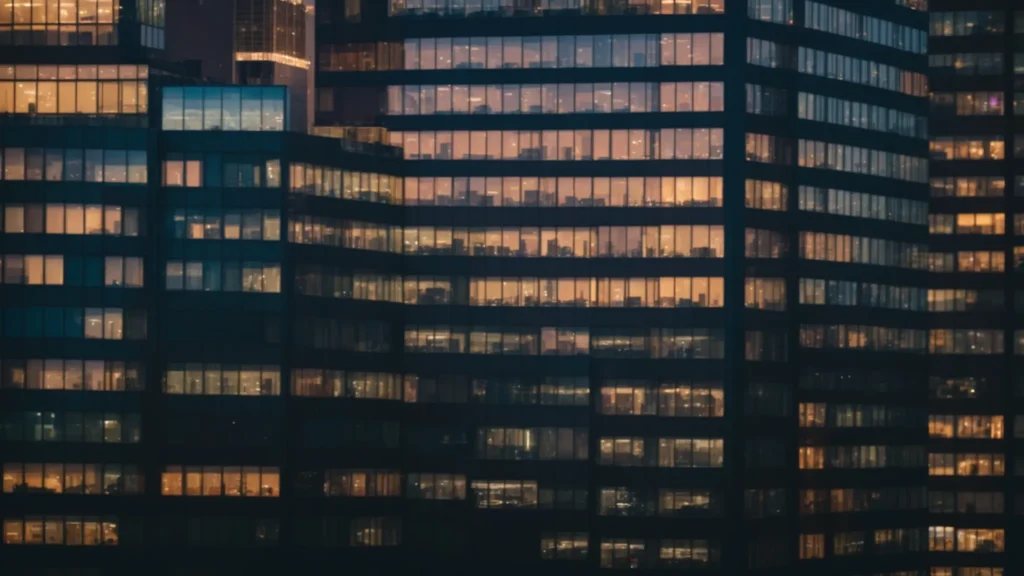 a vibrant city skyline at dusk, showcasing a modern high-rise building with illuminated windows, symbolizing the potential of real estate marketing and idx seo strategies.