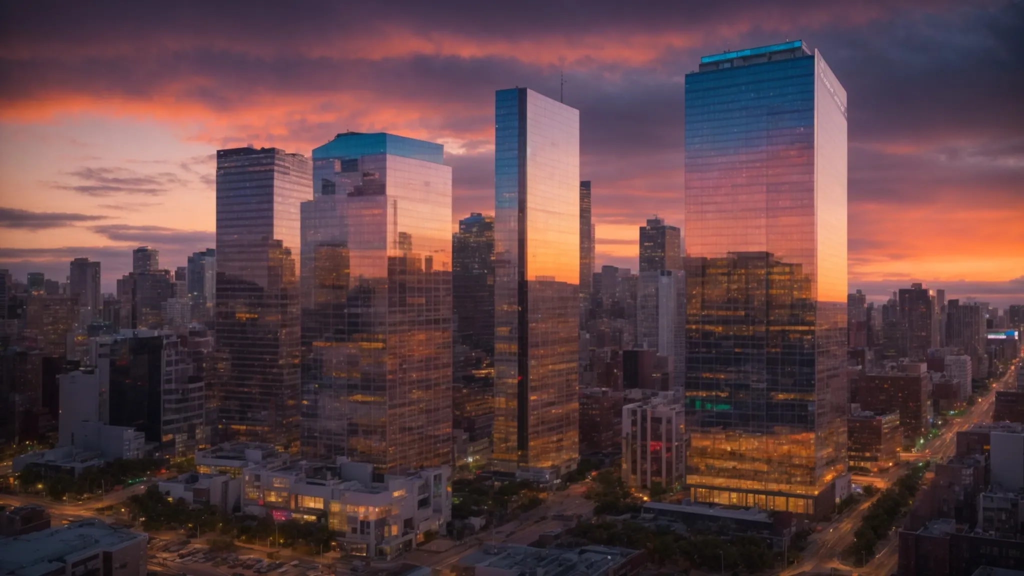 a vibrant urban skyline at sunset showcases a modern real estate office, with dynamic digital displays highlighting engaging property listings and inviting open house events.