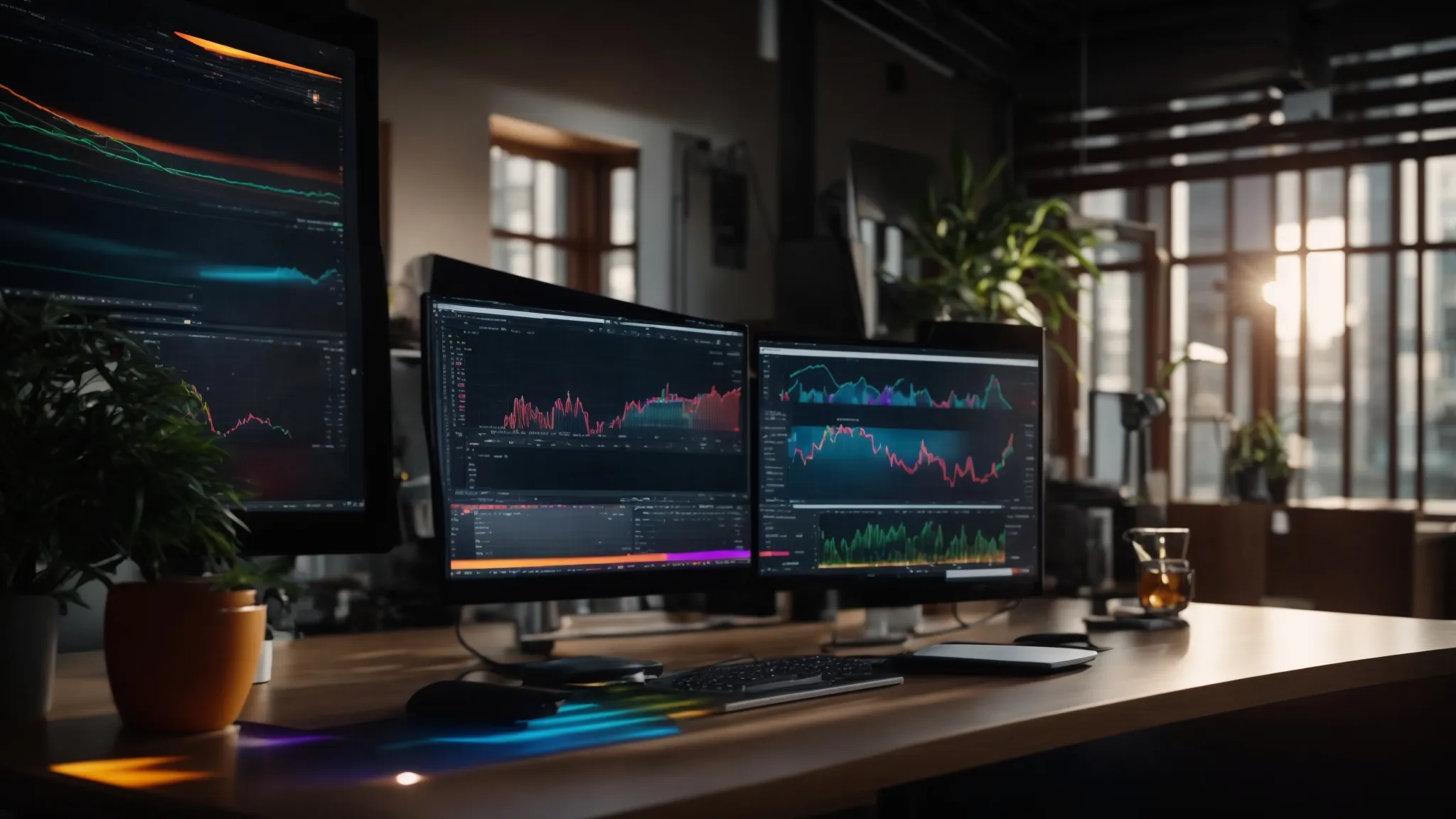 a vibrant workspace filled with a sleek computer displaying analytical graphs and colorful performance metrics, bathed in warm, natural light, symbolizing the mastery of seo tracking.