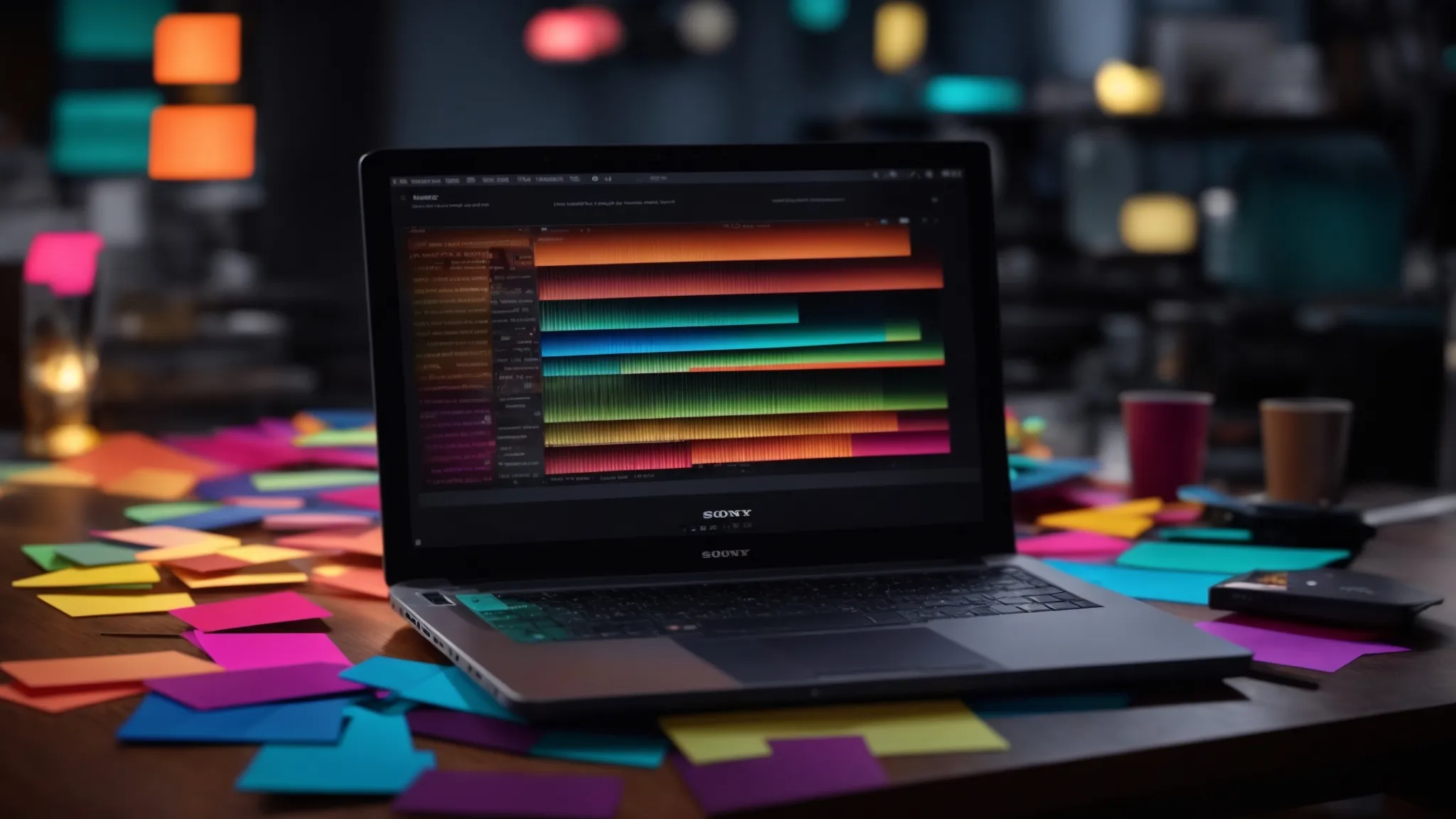 a vibrant workspace filled with colorful notes and a glowing laptop screen, depicting the dynamic process of crafting impactful meta titles and descriptions.