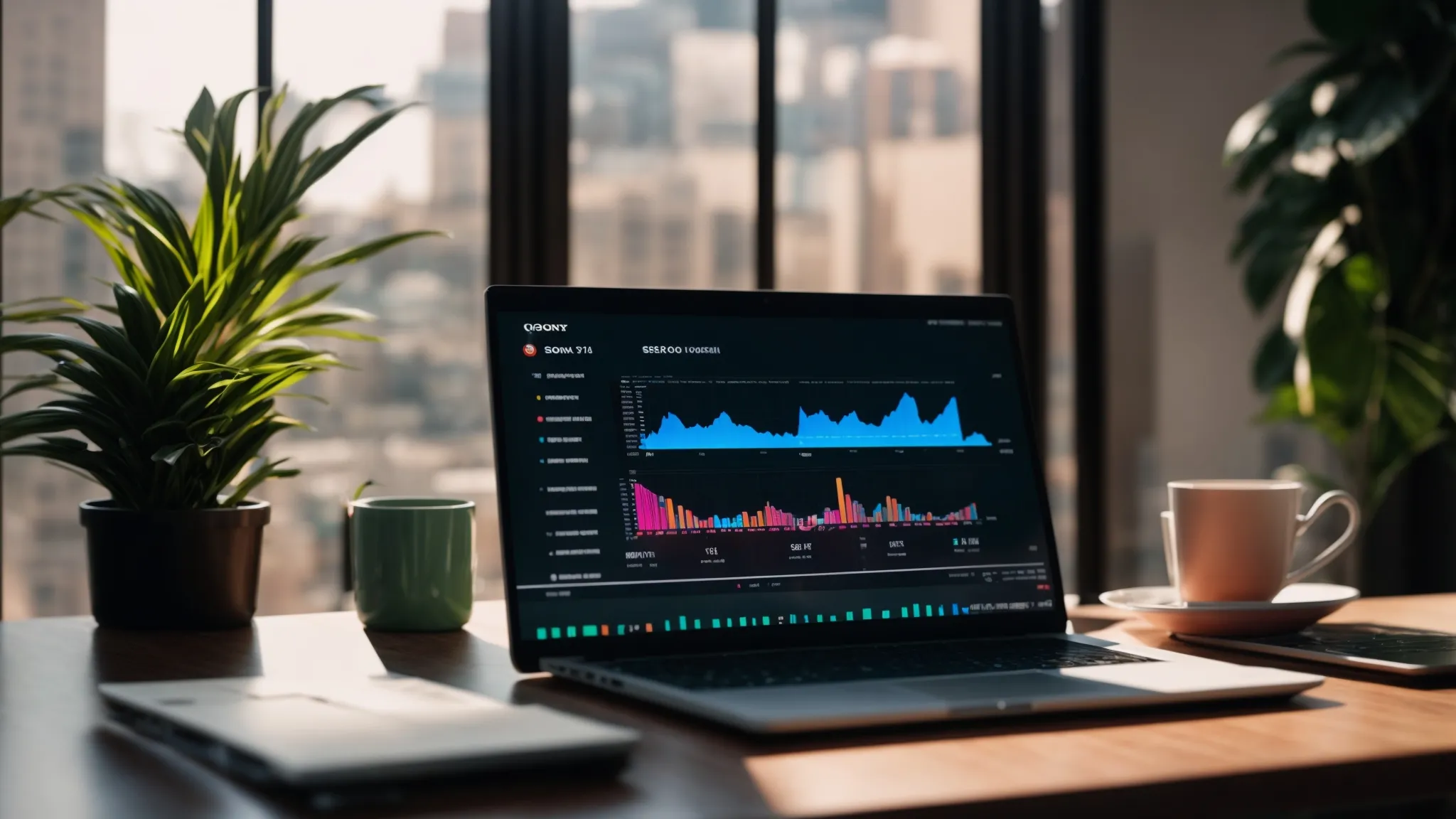 a vibrant workspace with a sleek laptop displaying colorful seo analytics graphs, illuminated by soft, natural light streaming through large windows, creating an inspiring atmosphere for digital marketing success.