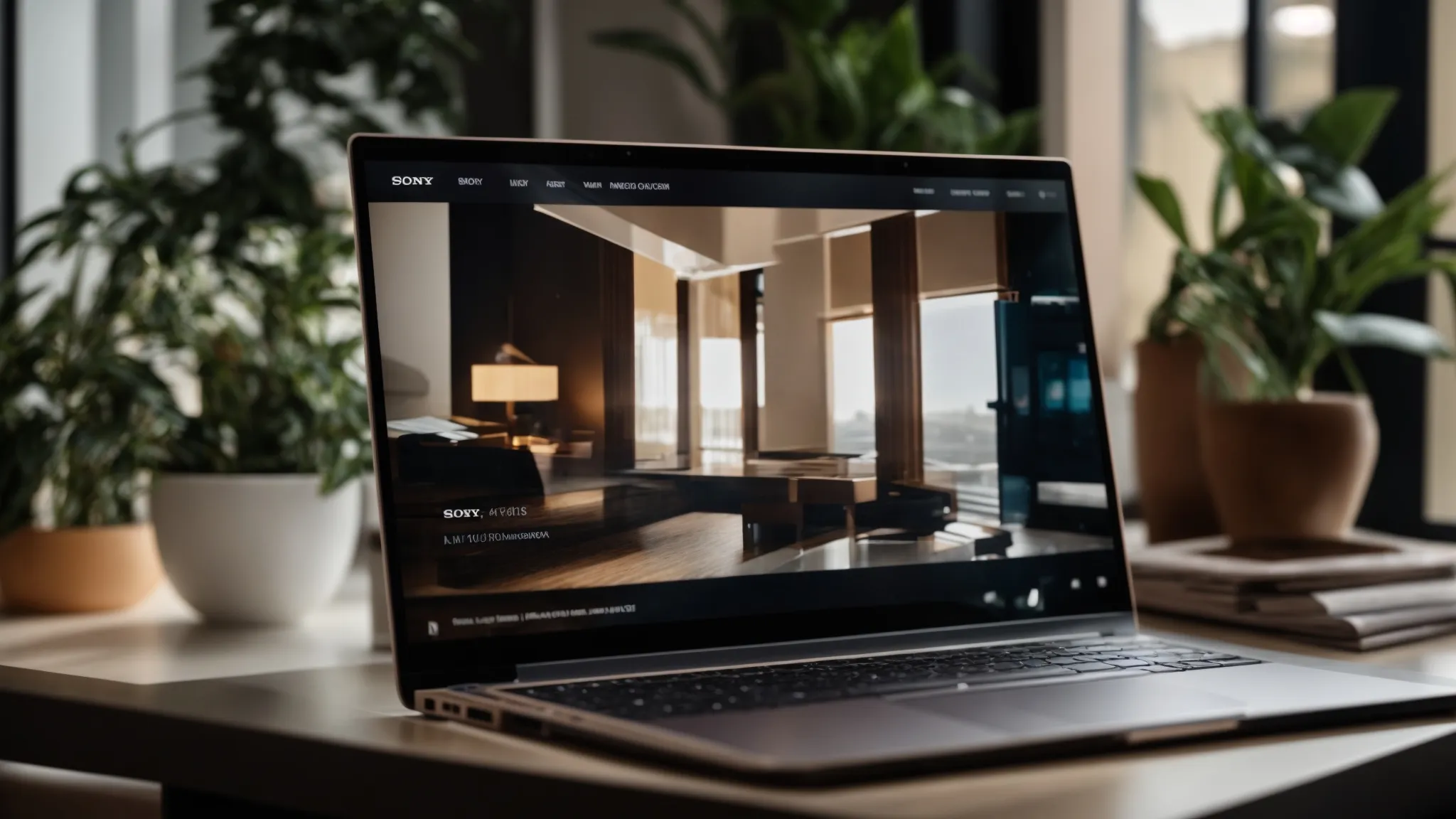 a captivating close-up of a sleek laptop displaying a vibrant real estate blog, surrounded by modern decor and soft, natural light streaming through a nearby window, emphasizing the theme of insightful digital trends.