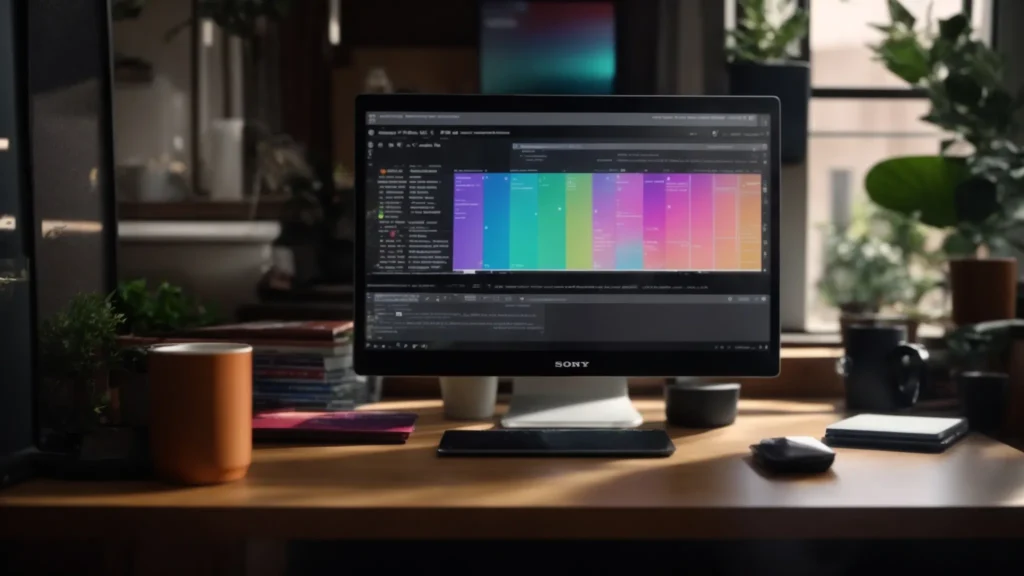 a captivating workspace illuminated by soft, natural light, showcasing a neatly arranged laptop with a vibrant screen displaying optimized meta titles and descriptions, surrounded by colorful notes and a steaming cup of coffee.