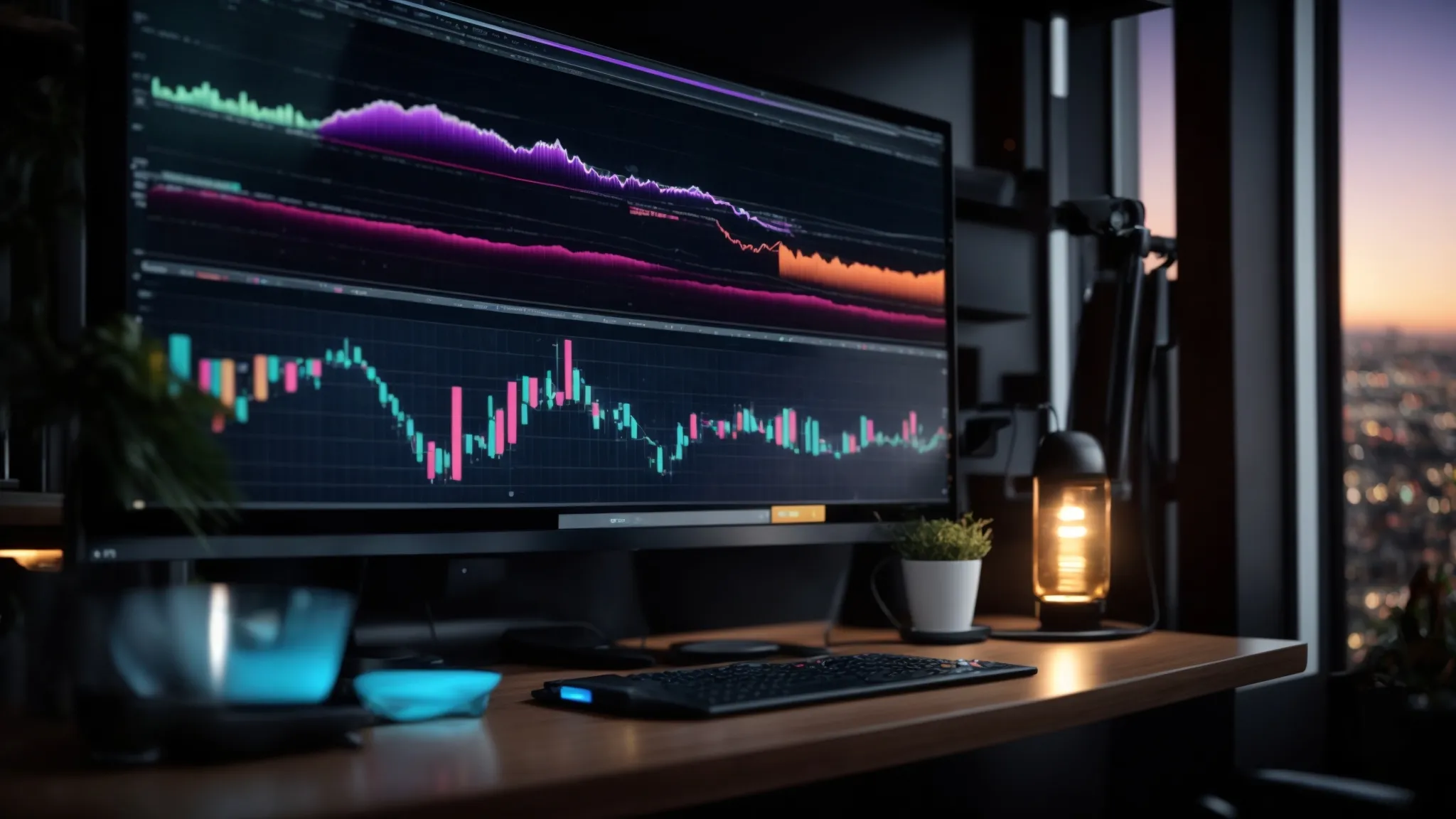a dynamic and engaging workspace filled with vibrant graphs and analytics on a sleek computer screen, illuminated by soft natural light, symbolizes the mastery of seo performance tracking.
