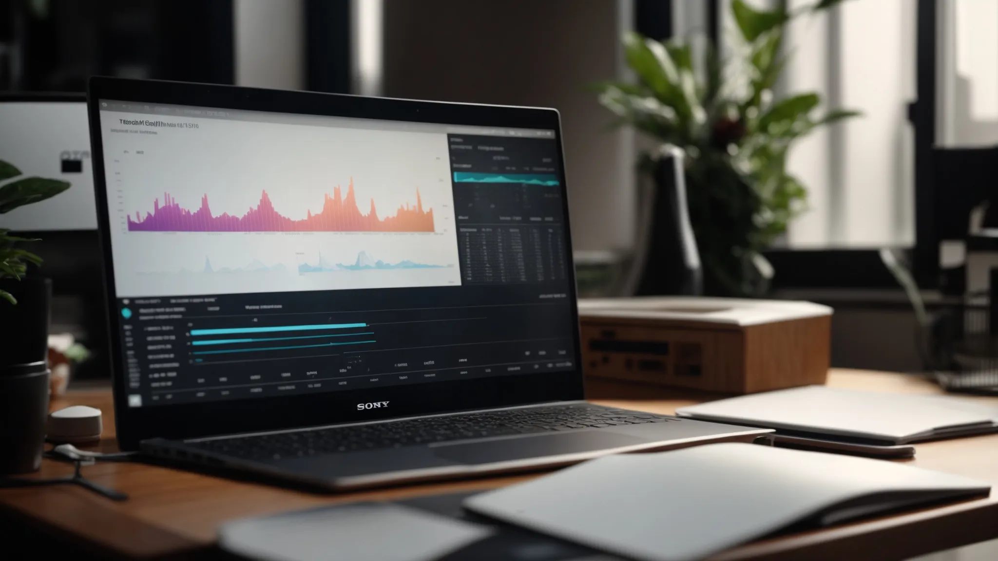 a focused, minimalist workspace illuminated by soft, natural light showcases an open laptop displaying vivid graphs and notes, symbolizing the mastery of optimizing meta titles and descriptions.