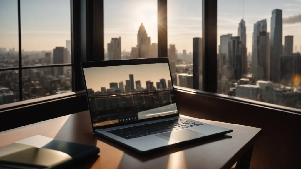 a sleek laptop rests on a polished wooden desk, illuminated by warm afternoon sunlight, with an elegant city skyline visible through a nearby window, symbolizing the intersection of technology and real estate success through seo guest blogging.