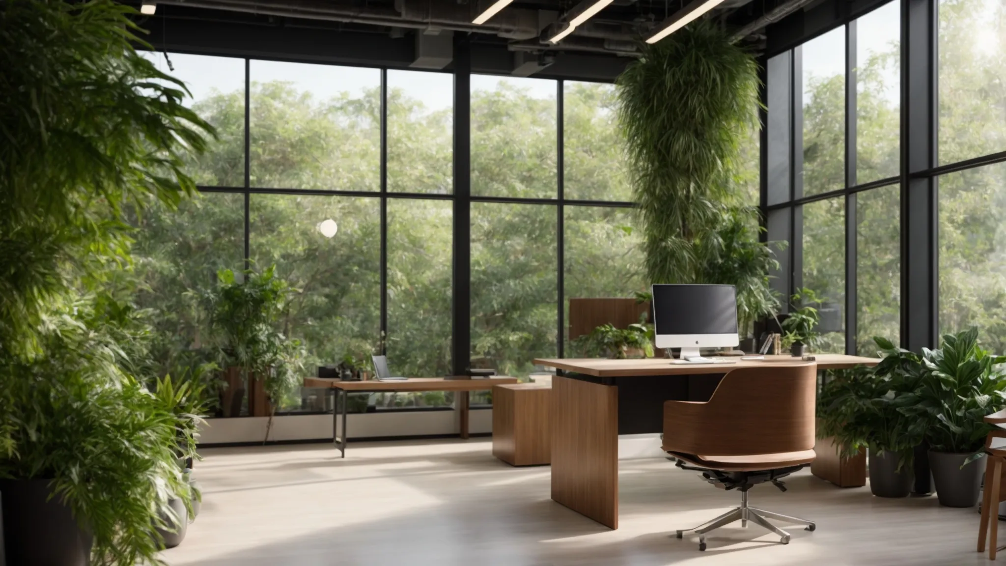 a vibrant, modern office space filled with lush greenery and sleek furnishings, illuminated by natural light filtering through large windows, embodying a fresh approach to real estate strategy.