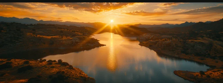 a breathtaking sunrise casts golden hues over a tranquil lake, surrounded by majestic mountains, creating a serene and captivating atmosphere.