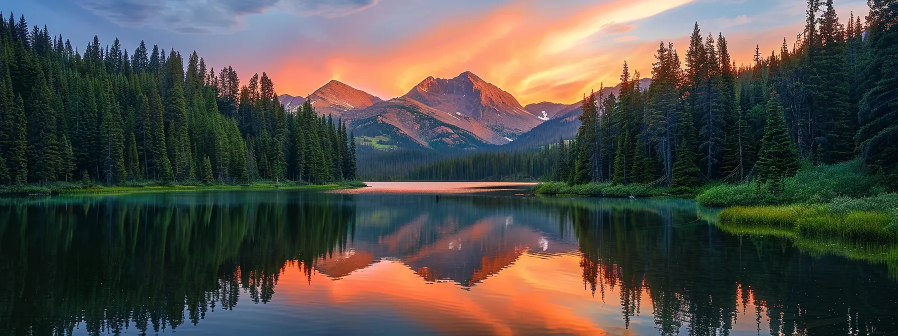 a breathtaking sunrise illuminates a tranquil mountain lake, surrounded by lush evergreen trees, reflecting vibrant hues of orange and pink across the serene water surface.